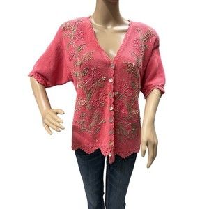 Vintage Lucia Pink Embroidered Floral Roses Short Sleeve Spring Cardigan Sweater